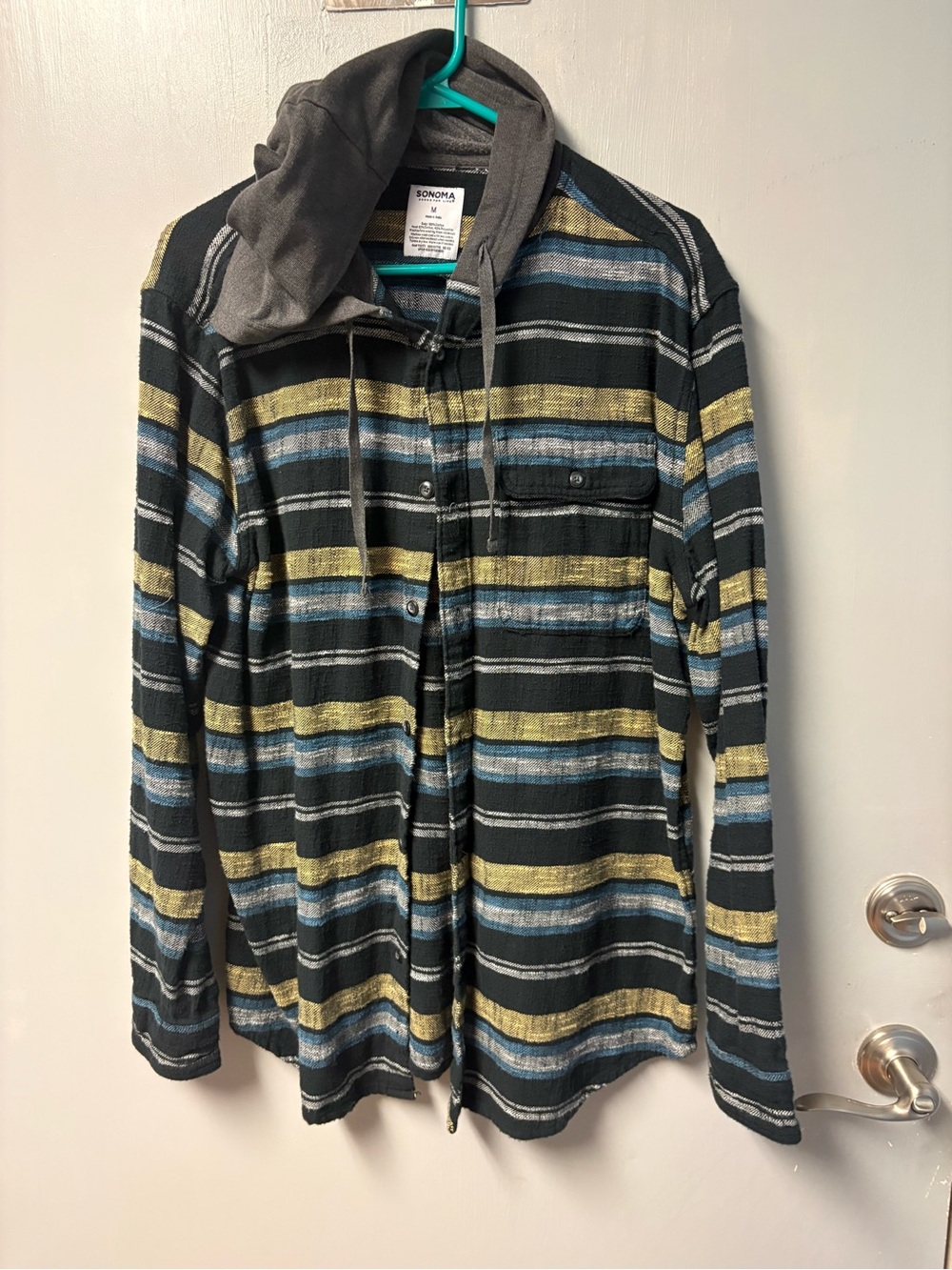 Sonoma Hooded Flannel Jacket - Black with Yellow & Blue Stripes - size medium